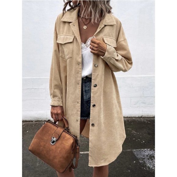 Corduroy Snap Button Flap Pocket Curved Hem Coat Khaki - Picture 2 of 6